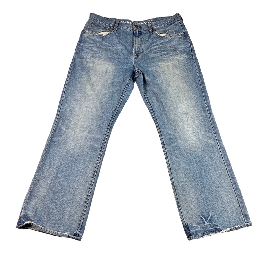 American Eagle Mens Bootcut Jeans 40x31.5* Medium Wash Blue Distressed Western